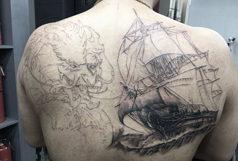 未完成 帆船 海怪纹身图片