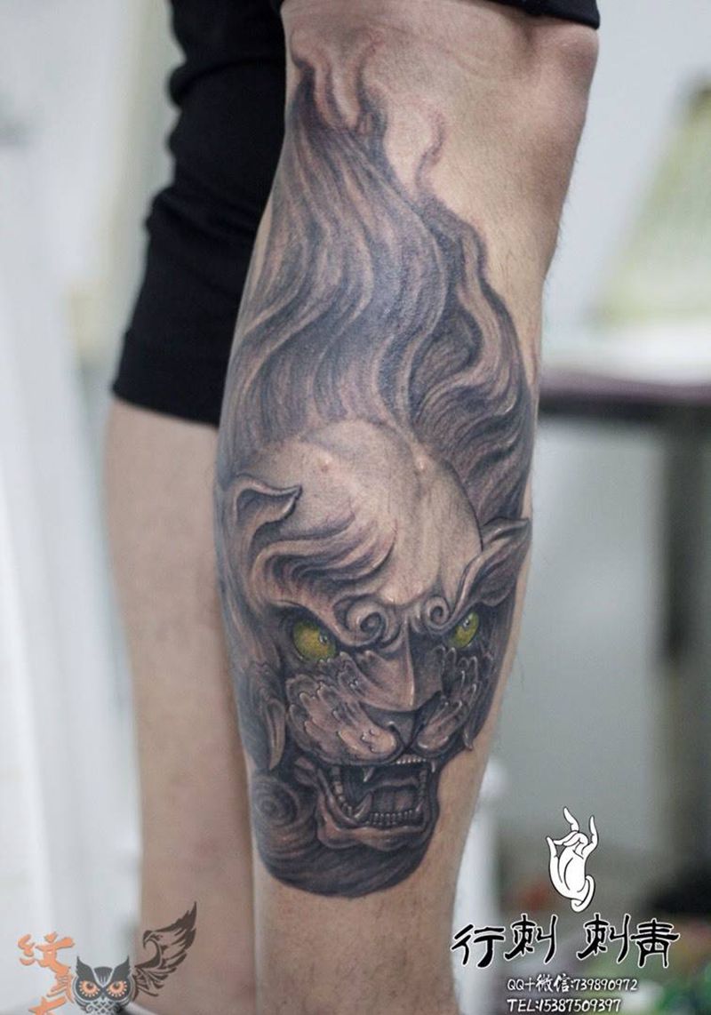 福狮纹身图片_腿部传统习俗动物原创纹身图案