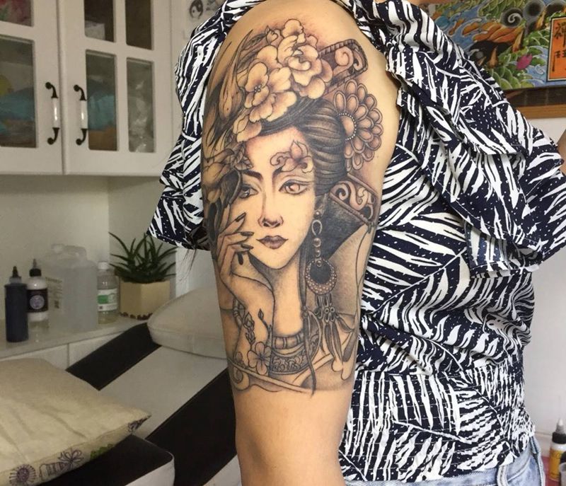 艺妓纹身图片_成品手臂传统人物纹身图案