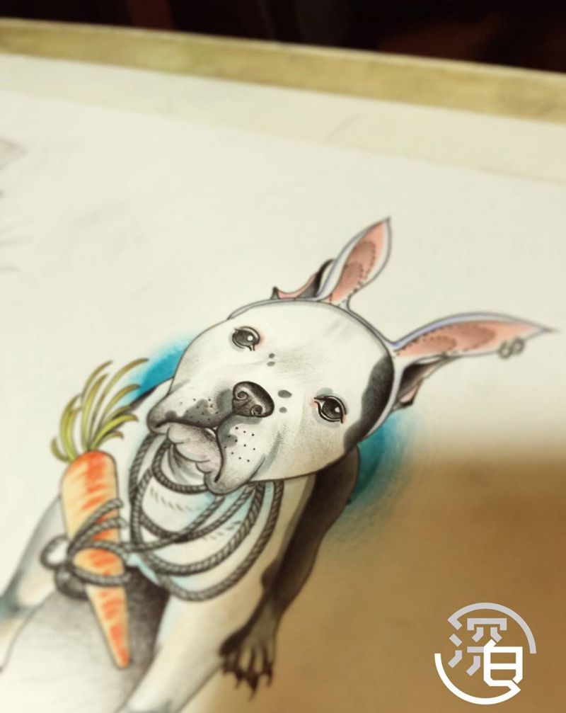 原创宠物肖像纹身图片_脚部腿部欧美写实New School狗纹身图案