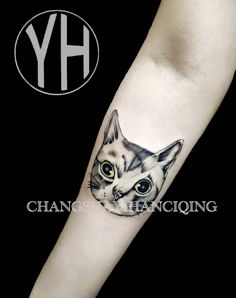 园针猫咪纹身图片_手臂纹身图案