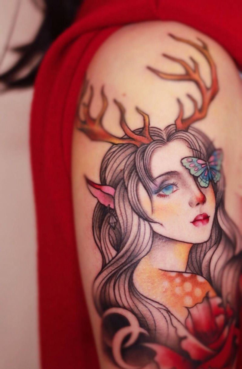 小鹿女纹身图片_手臂New School美女纹身图案