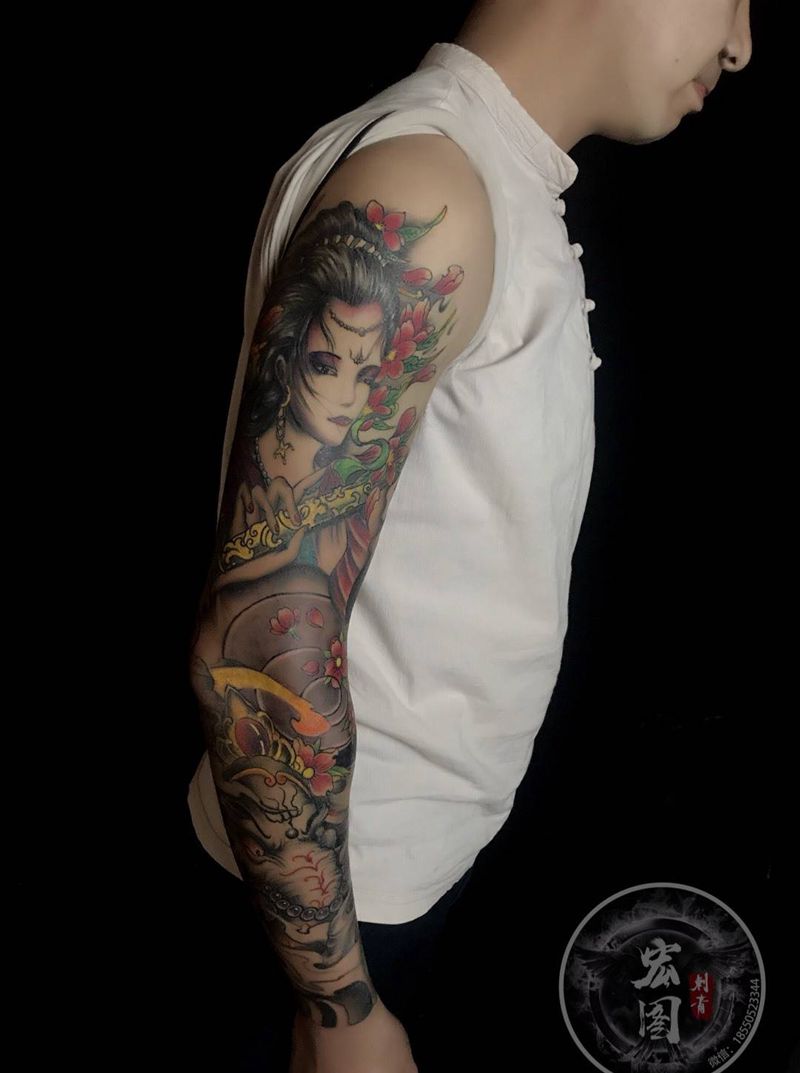 花臂完工纹身图片_成品手臂传统动物人物静物鬼神植物纹身图案