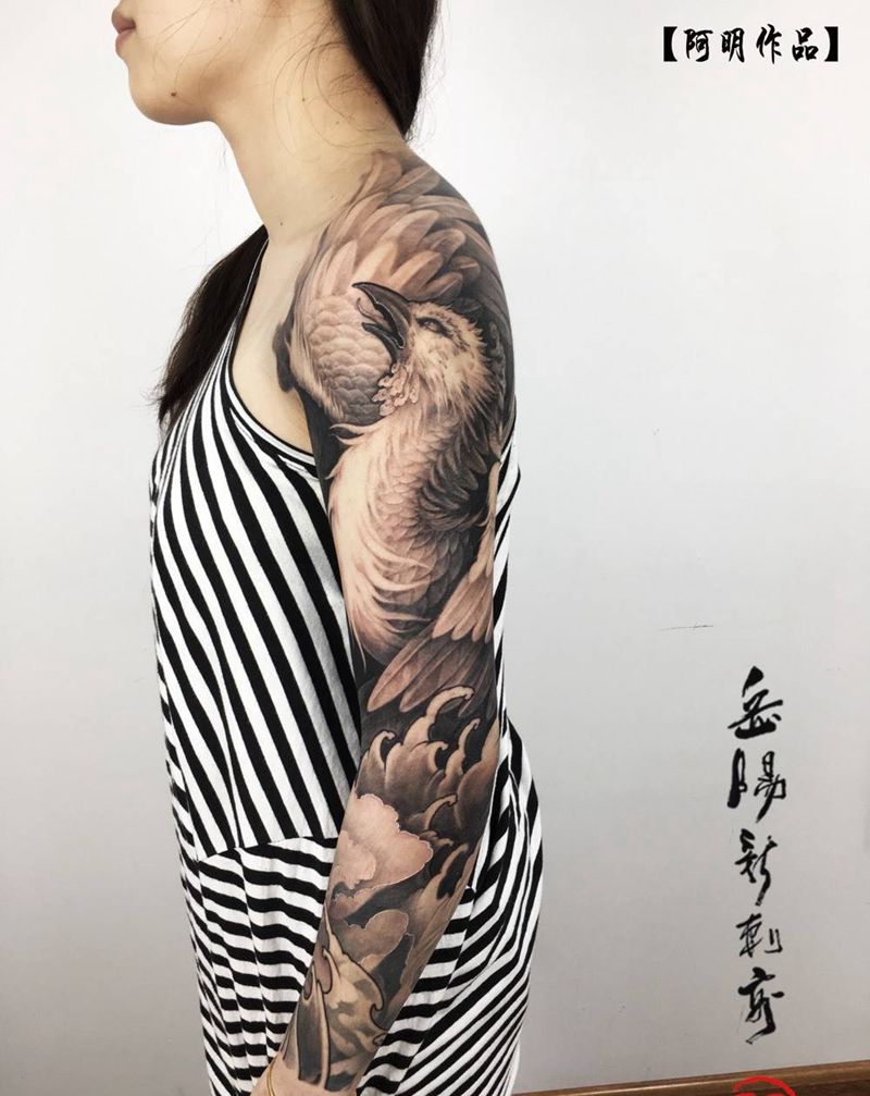 凤穿牡丹纹身图片_成品手臂传统写实原创凤凰纹身图案