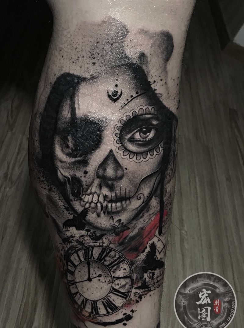 欧美写意纹身图片_腿部脚部欧美写实纹身图案