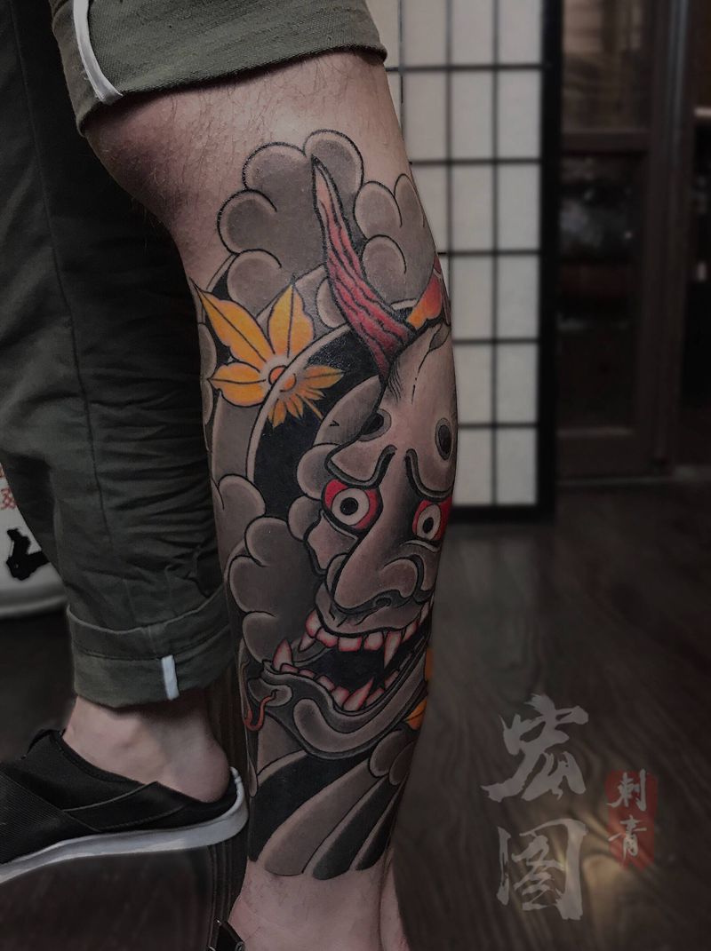 传统般若与蛇纹身图片_腿部脚部老传统Old School纹身图案