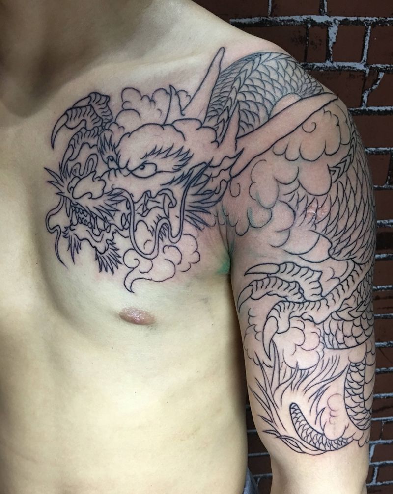 过肩龙线条，下次再过来上色纹身图片_肩部纹身图案