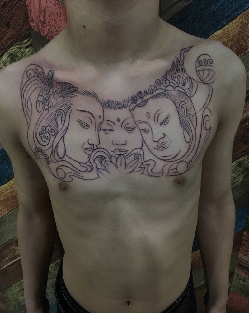 三面佛纹身图片_胸部纹身图案