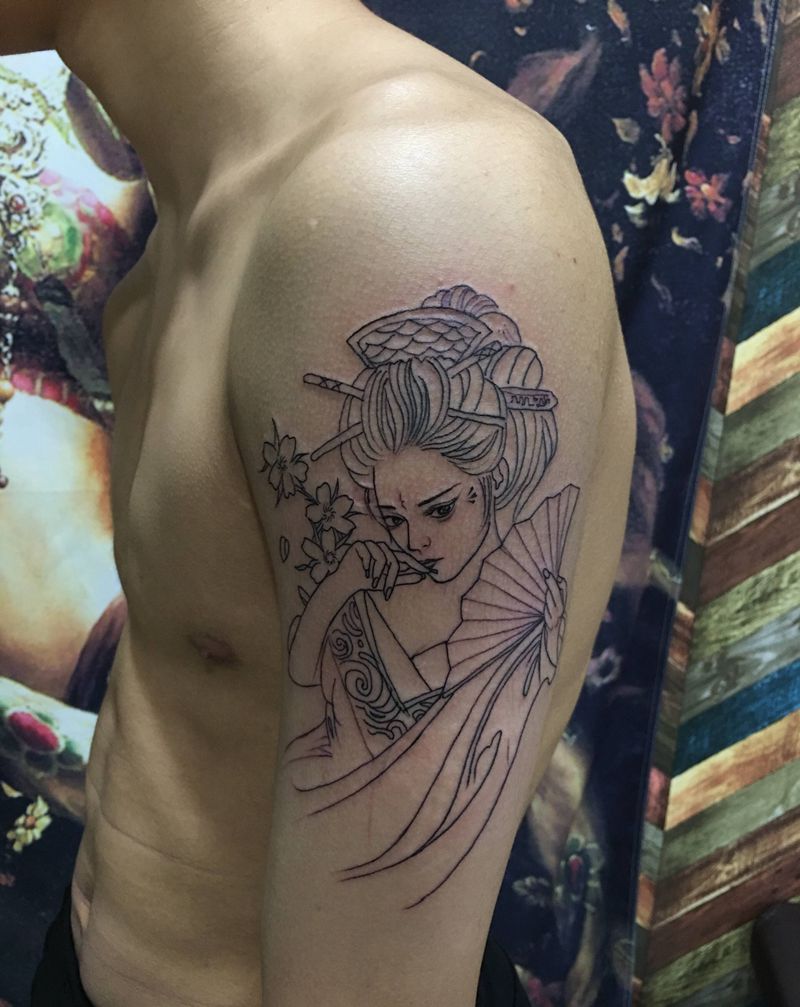艺妓线条纹身图片_手臂纹身图案