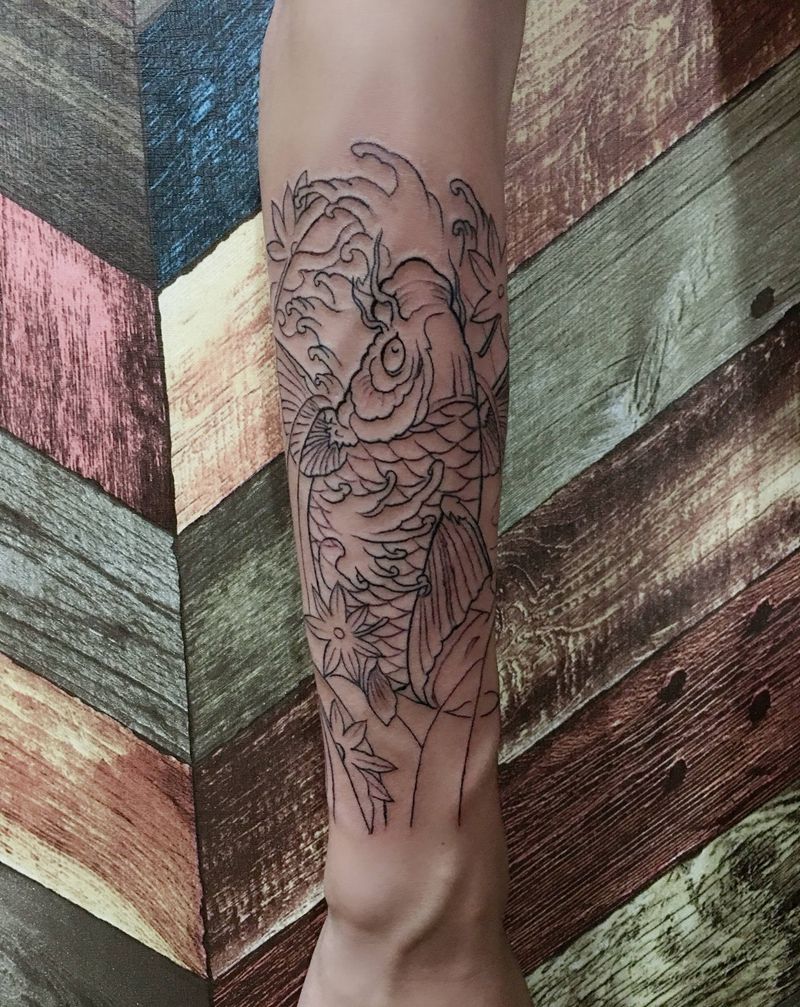 鲤鱼线条纹身图片_手臂纹身图案