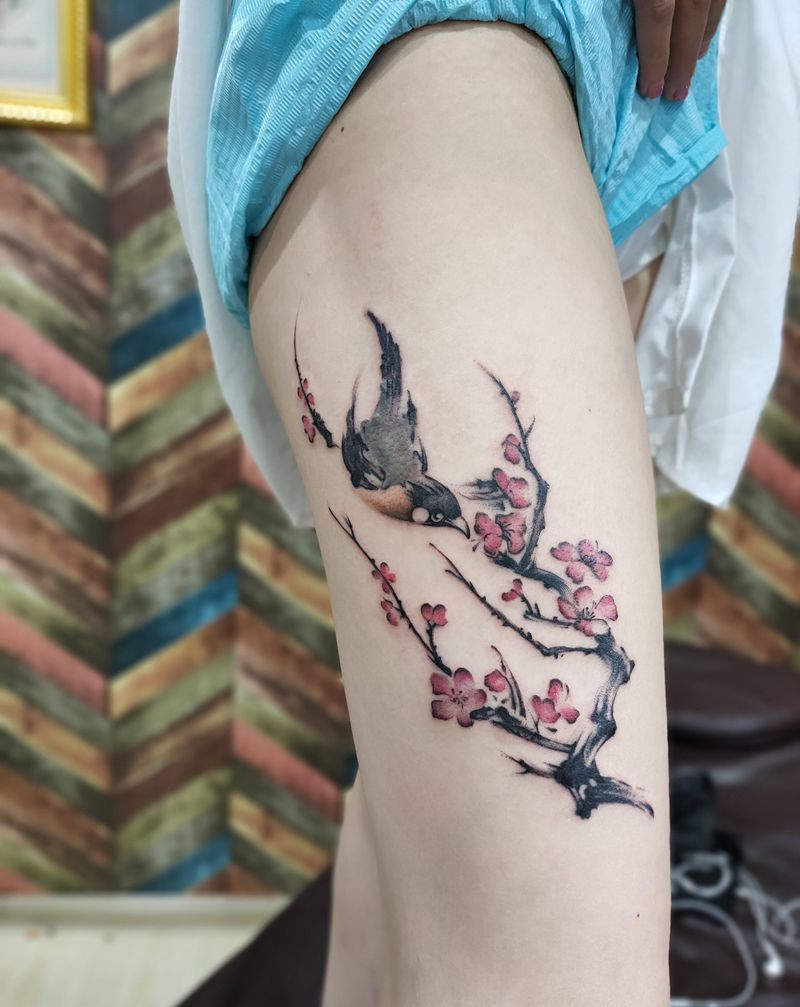 大腿花纹身图片_腿部纹身图案