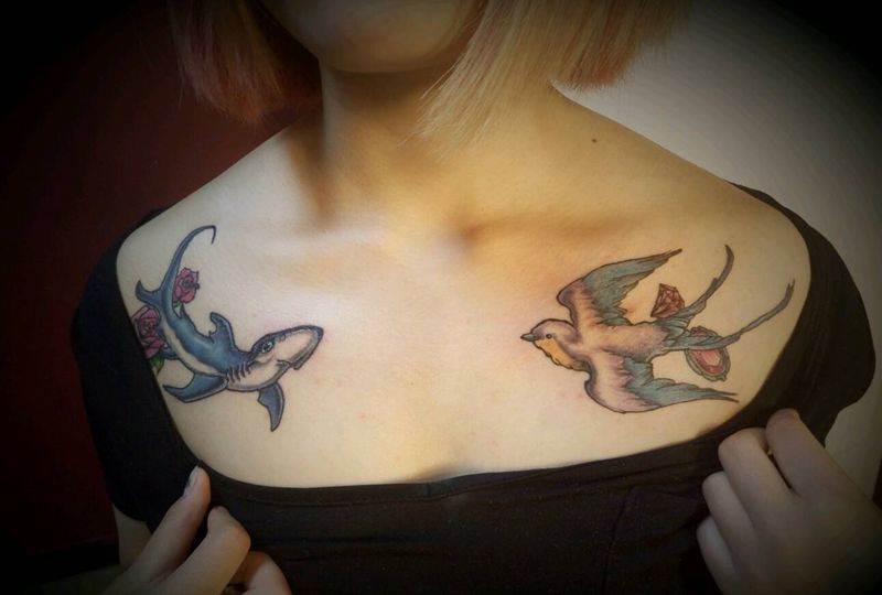 肩花纹身图片_肩部胸部欧美清新动物原创成品手稿插画纹身图案