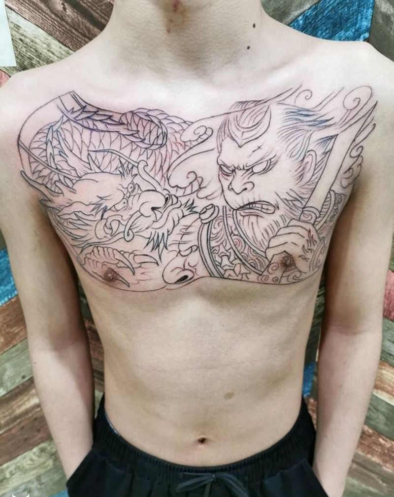 花胸线条纹身图片_胸部纹身图案