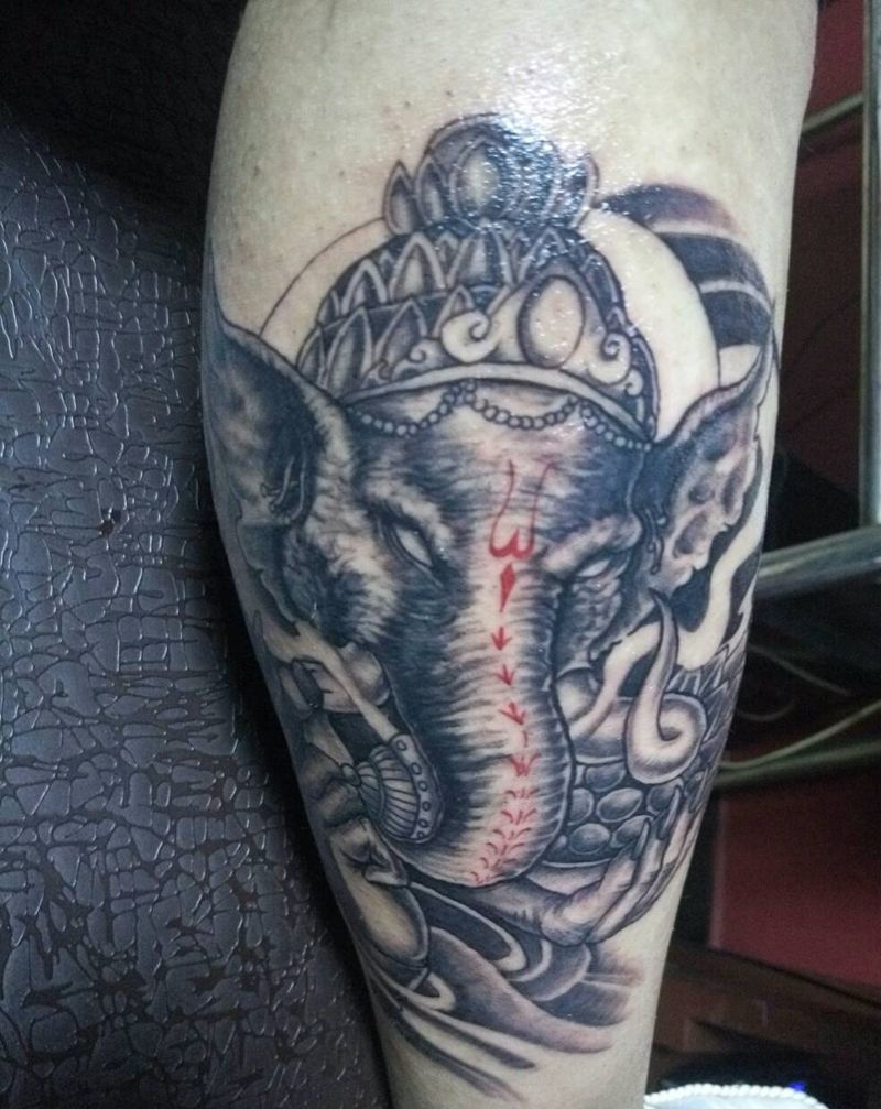 象神，烧伤覆盖纹身图片_手臂腿部传统写实动物鬼神成品纹身图案