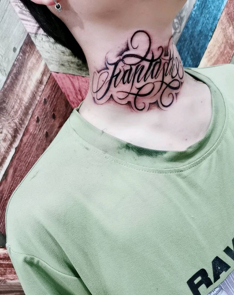 花体字纹身图片_颈部纹身图案