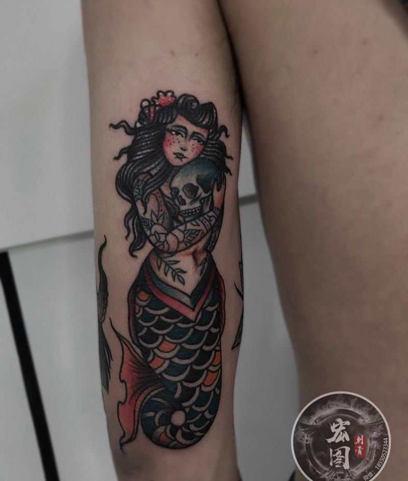 美人鱼纹身图片_手臂老传统Old School纹身图案