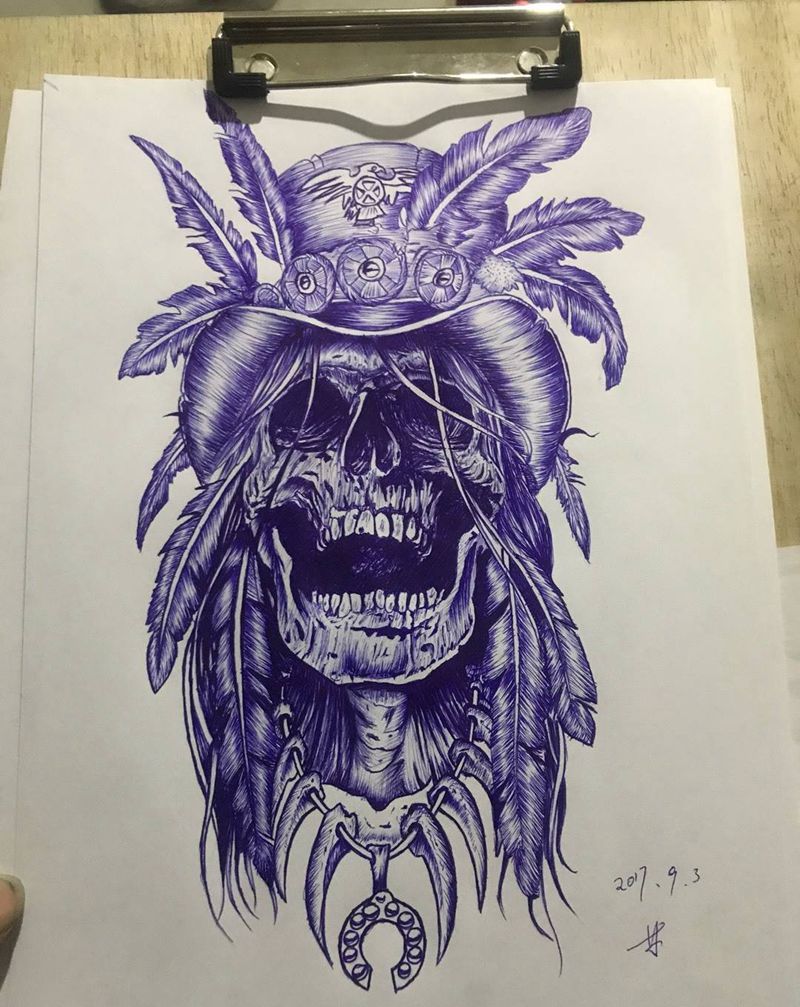 圆珠笔画搞纹身图片_手稿手臂腿部欧美鬼神原创纹身图案