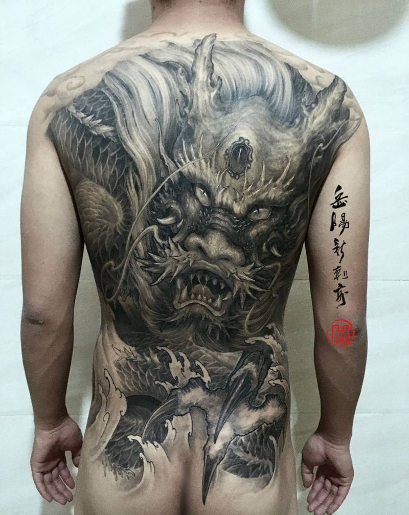 阿明作品纹身图片_成品背部写实传统龙原创纹身图案