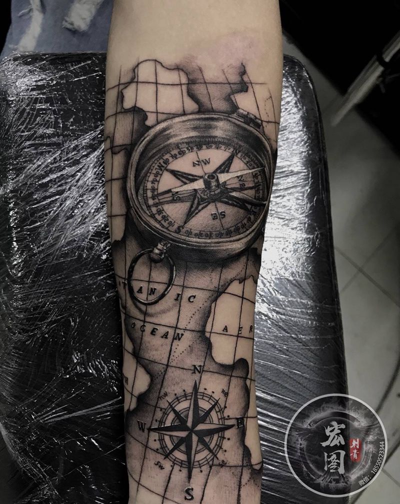 指南针纹身图片_成品手臂手部欧美清新写实贴纸几何字符原创纹身图案