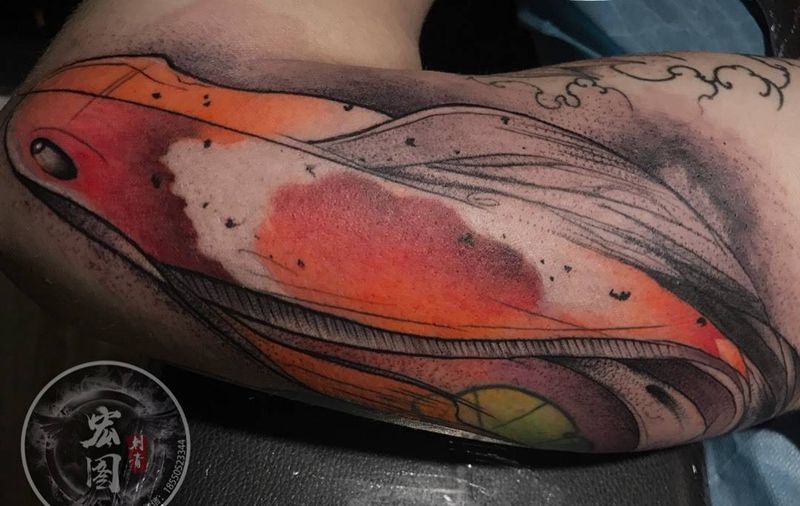 水彩锦鲤纹身图片_手臂水彩纹身图案