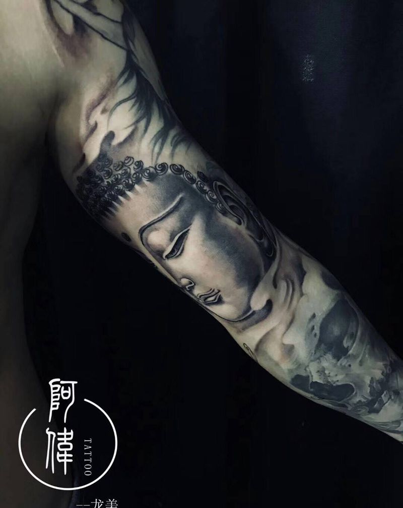 花臂拼接，佛纹身图片