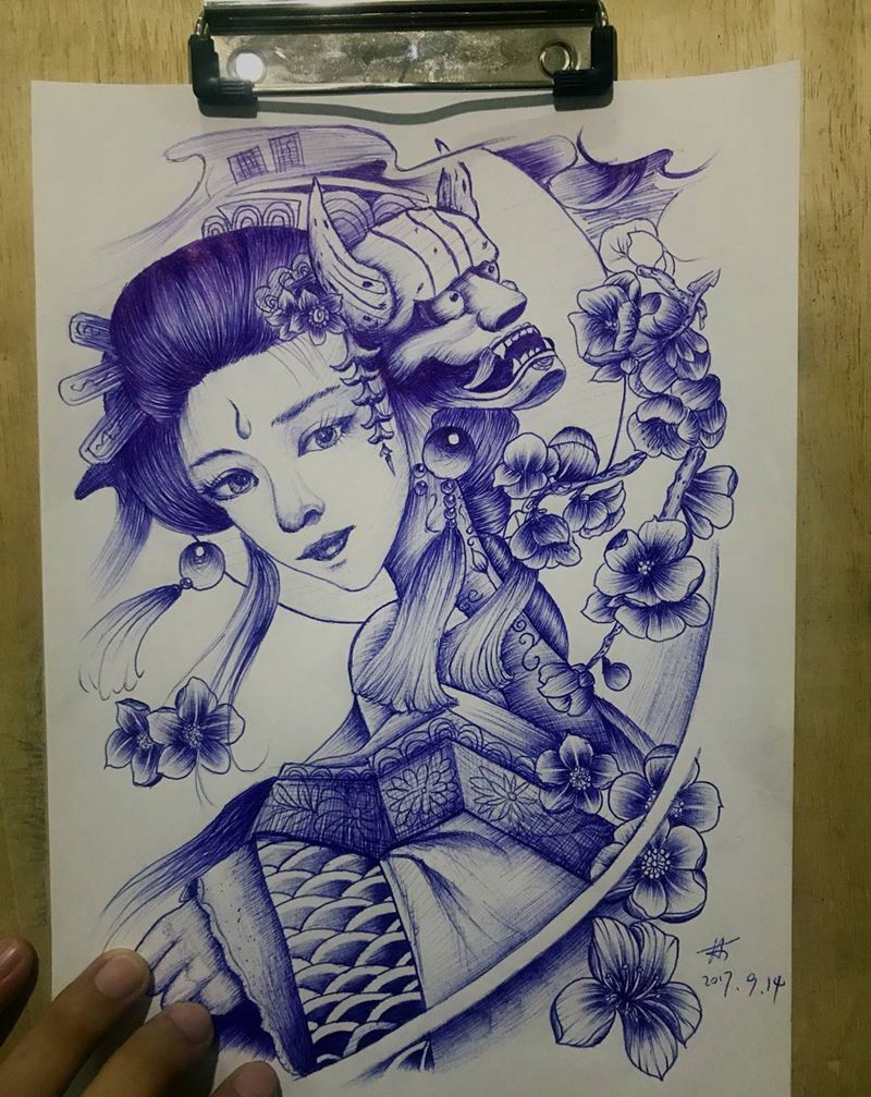 圆珠笔艺妓纹身图片