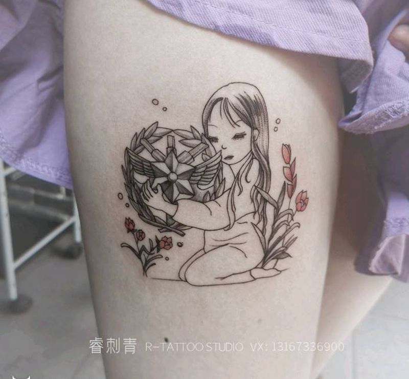女孩纹身图片_腿部水彩纹身图案