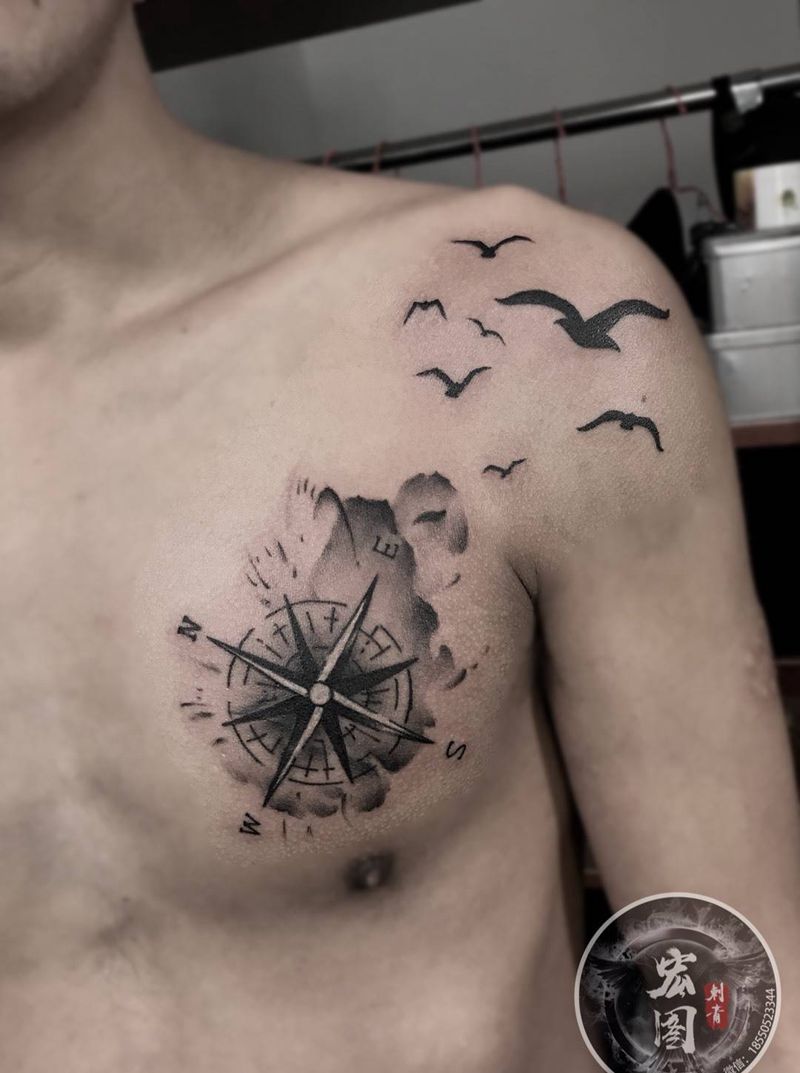 遮盖纹身图片_肩部胸部水墨几何纹身图案