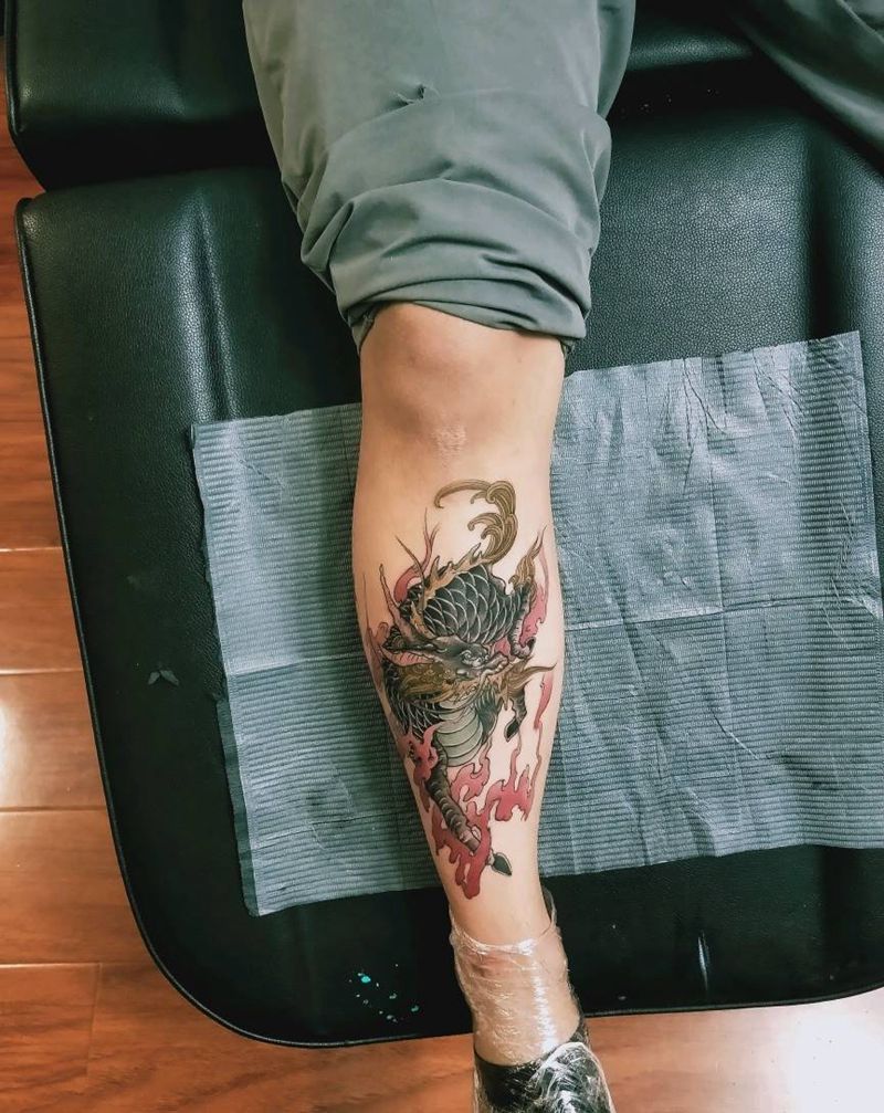 麒麟纹身图片_腿部纹身图案