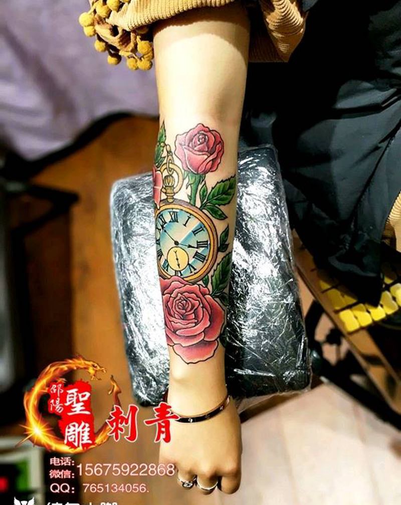 女神花臂-时光·玫瑰！纹身图片_手臂手部成品纹身图案
