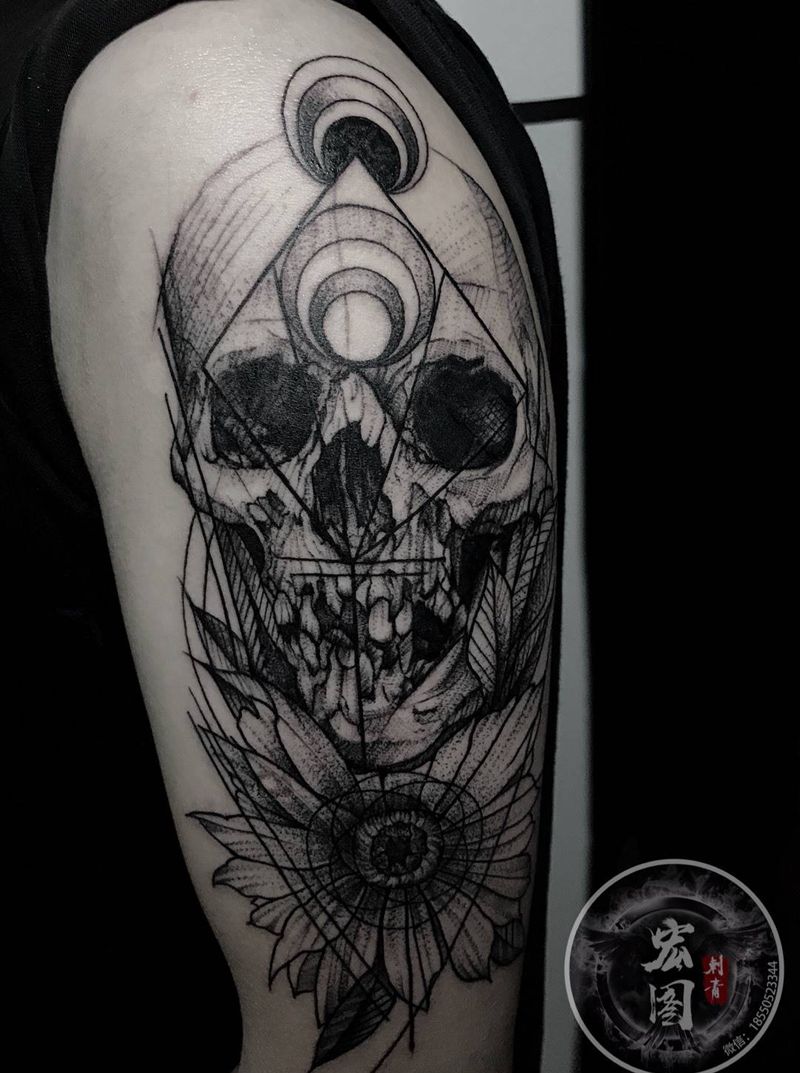 骷髅纹身图片_成品肩部手臂手部欧美肖像写实鬼神植物几何纹身图案