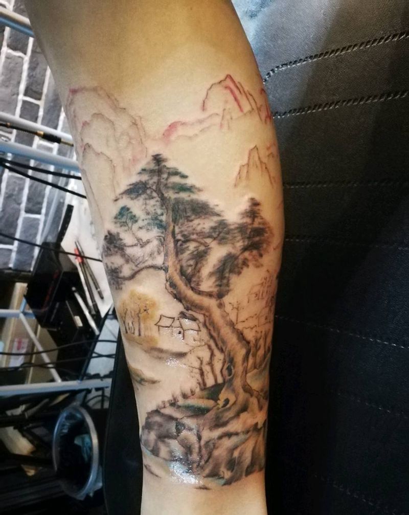 水墨山水画未完成纹身图片