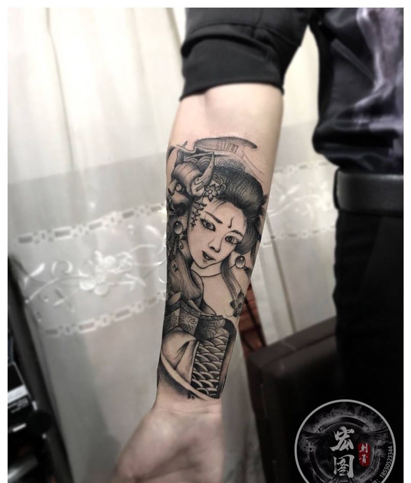 小臂艺妓纹身图片_成品手部手臂传统习俗人物鬼神纹身图案