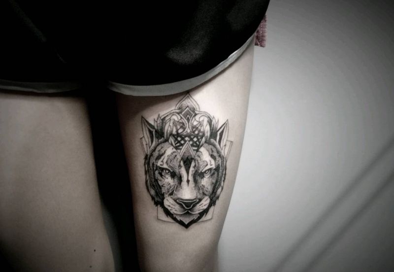 点刺风格老虎纹身图片_腿部欧美动物成品纹身图案