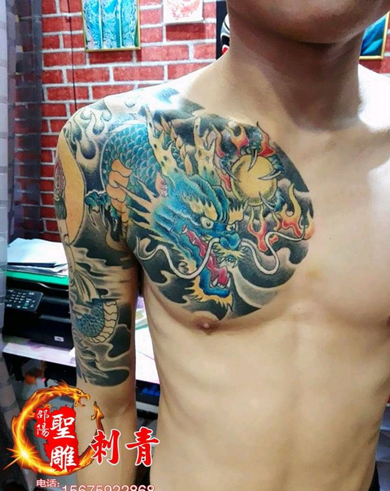 邵阳聖雕纹身-半甲观音祥龙纹身图片_半甲纹身图案