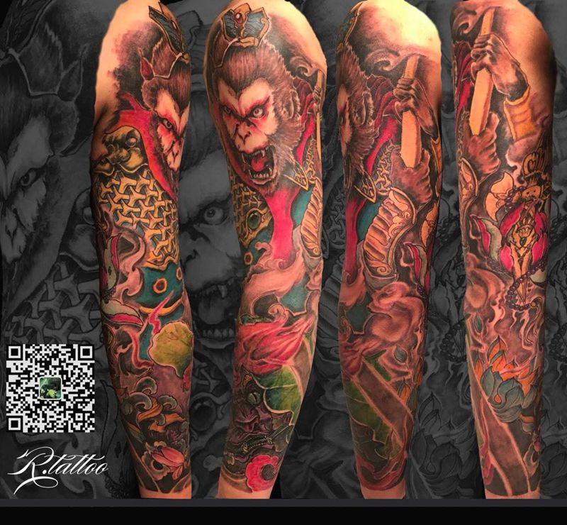 齐天大圣纹身图片_成品手臂传统纹身图案