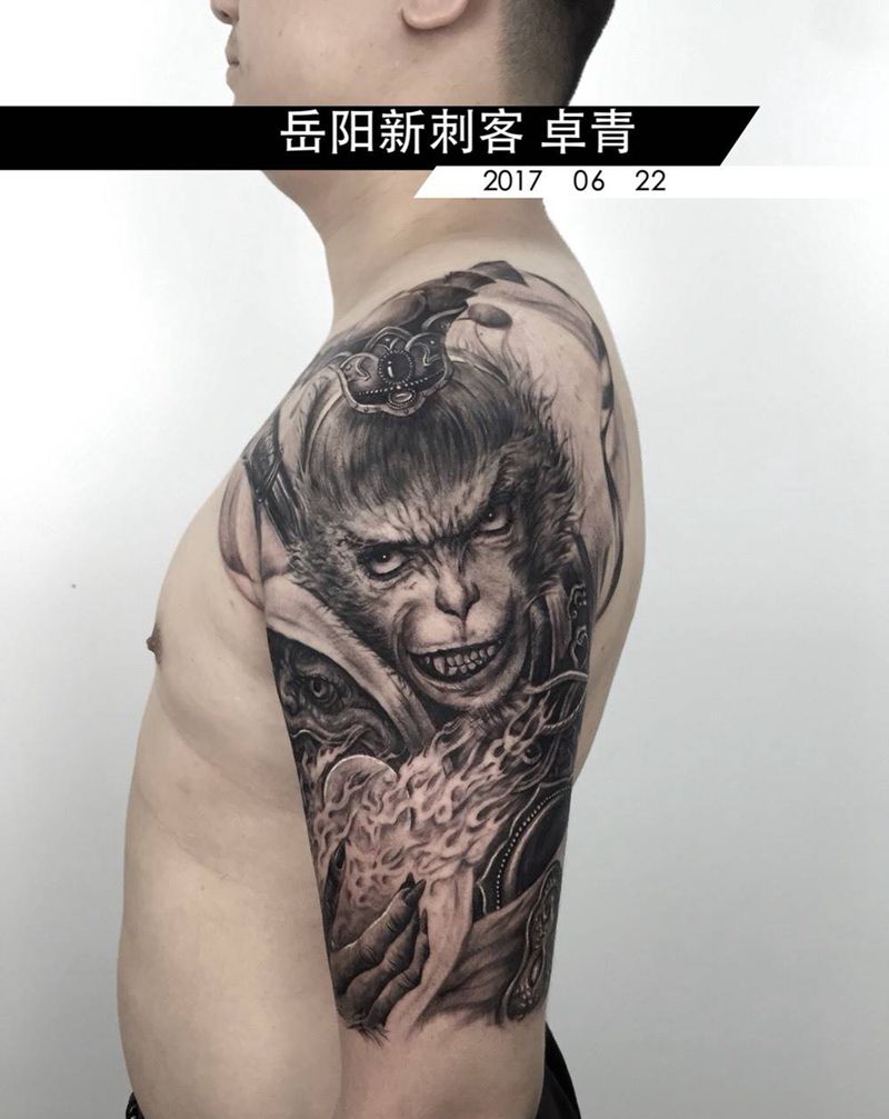 美猴王纹身图片_成品手臂传统写实原创人物动物纹身图案
