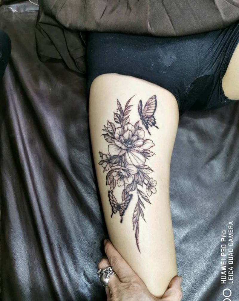 美腿素花纹身图片_腿部纹身图案