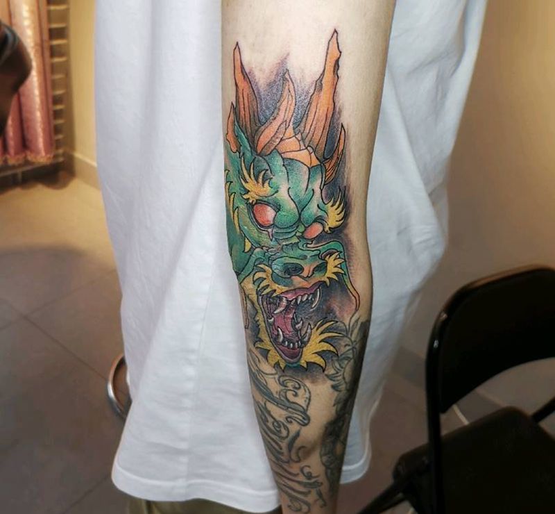 龙头遮盖疤痕纹身图片_New School新传统纹身图案