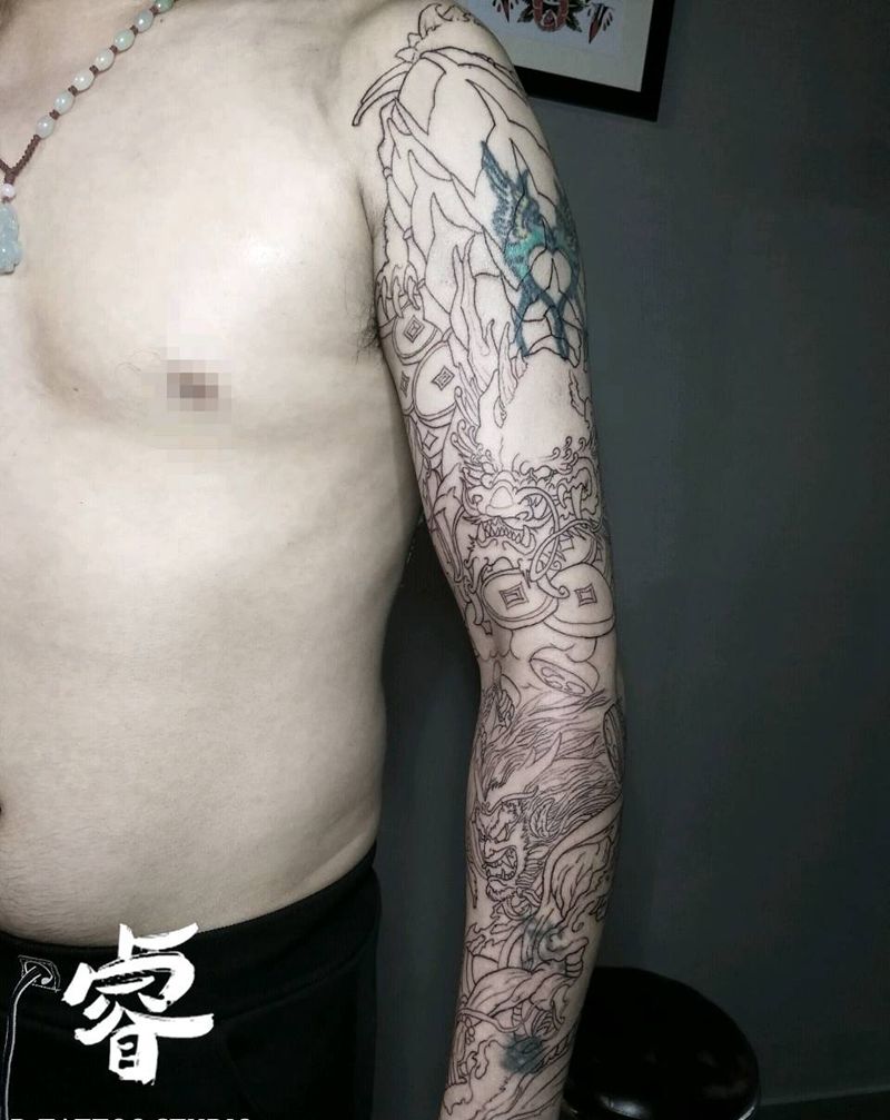 花臂线条纹身图片