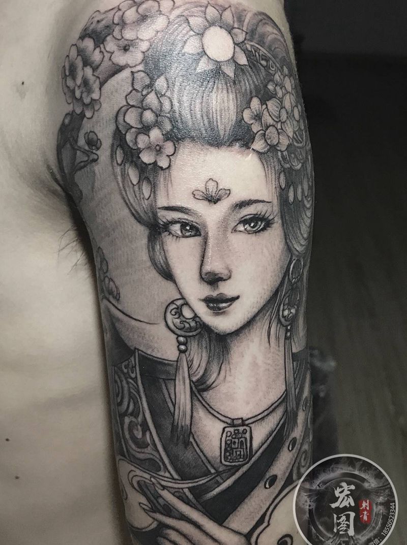 古风美女纹身图片_肩部手臂新传统纹身图案