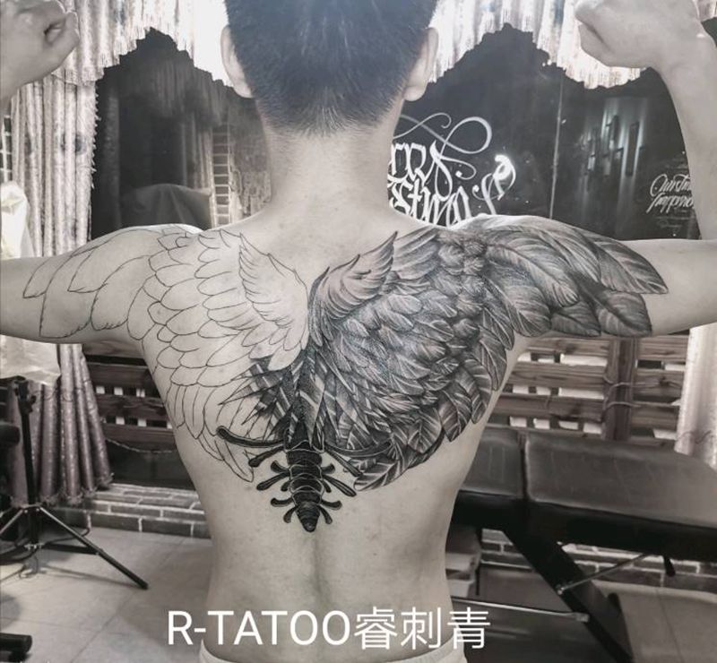 翅膀未完成纹身图片_背部欧美写实纹身图案