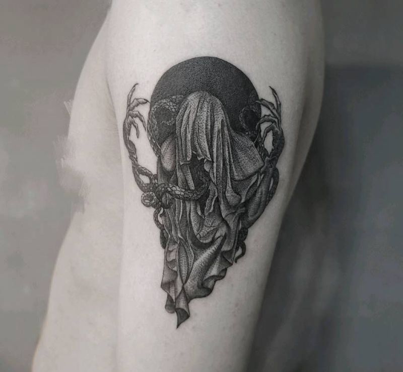 暗黑风死神纹身图片_手臂手部点刺欧美写实纹身图案