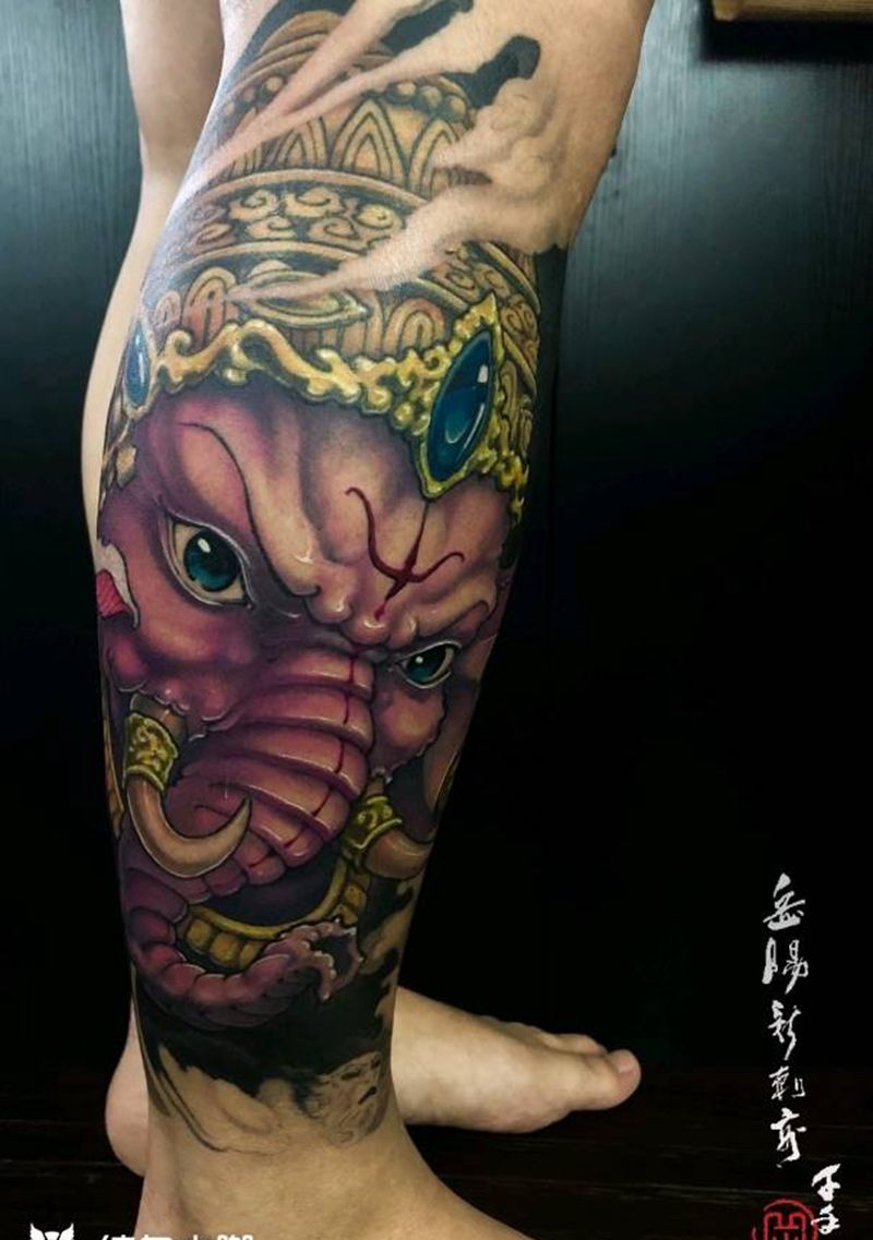 象神纹身图片_腿部彩色新传统纹身图案