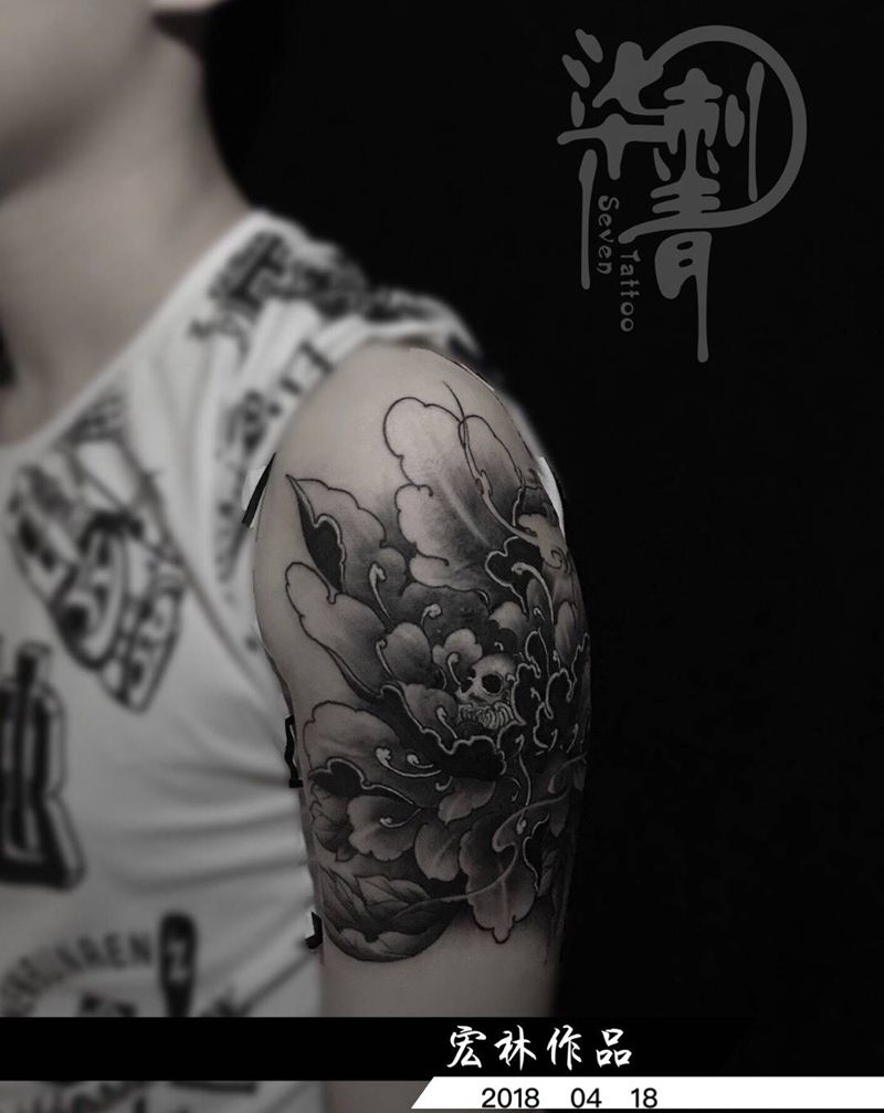 遮盖纹身图片_成品肩部手臂传统习俗国画植物静物纹身图案