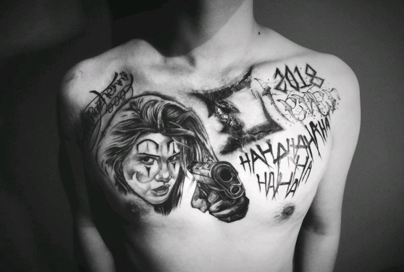 奇卡诺拼接混搭纹身图片_胸部欧美写实花体字纹身图案