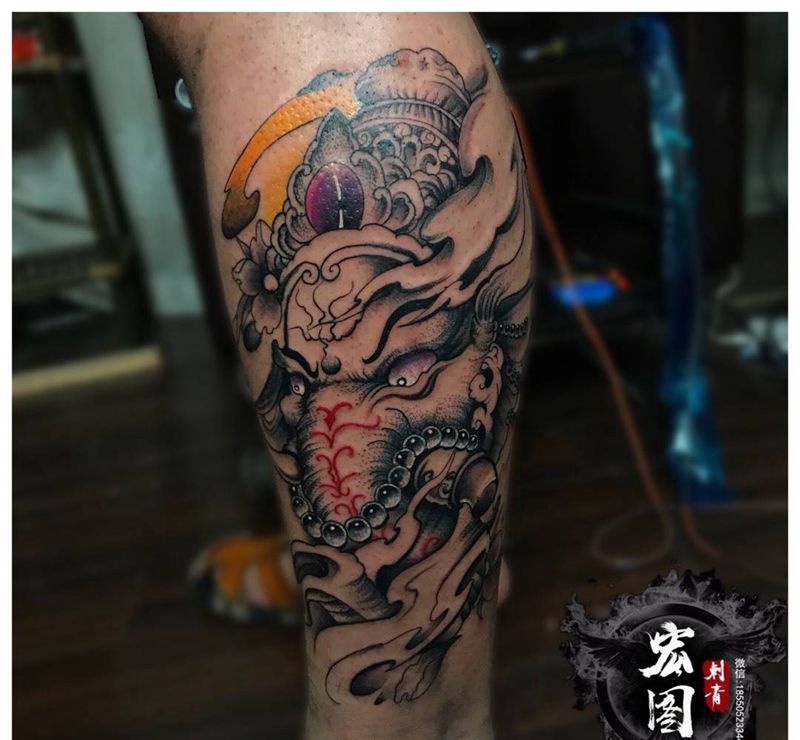 象神纹身图片_成品腿部传统动物纹身图案
