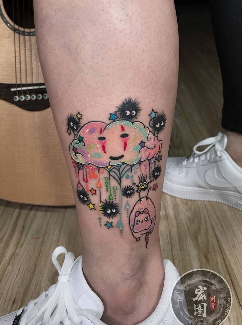 千与千寻纹身图片_腿部脚部New School水彩纹身图案