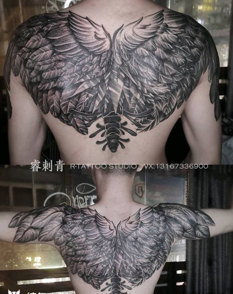 翅膀纹身图片_背部欧美写实纹身图案