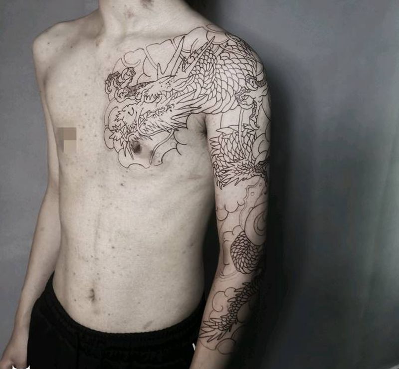 日式老传统线条纹身图片_手臂老传统纹身图案